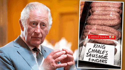 a man in a suit and tie is holding a piece of sausage next to a box of sausages