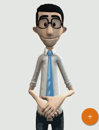 a cartoon man with glasses and a blue tie holds his hands to his stomach