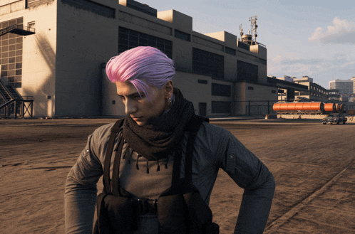 a man with purple hair stands in front of a large building
