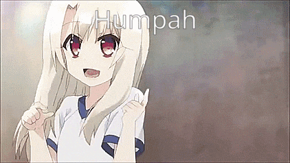 a girl with white hair and red eyes is holding her hair in front of the word humpah .