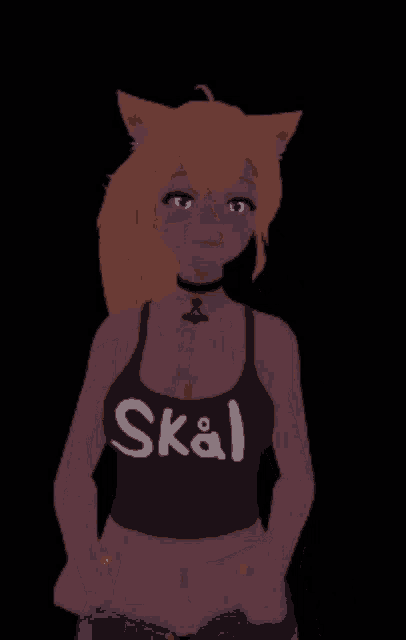 a girl with a cat ear is wearing a black top that says skal