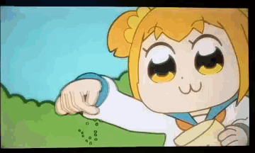 a cartoon of a girl with yellow eyes pointing to something