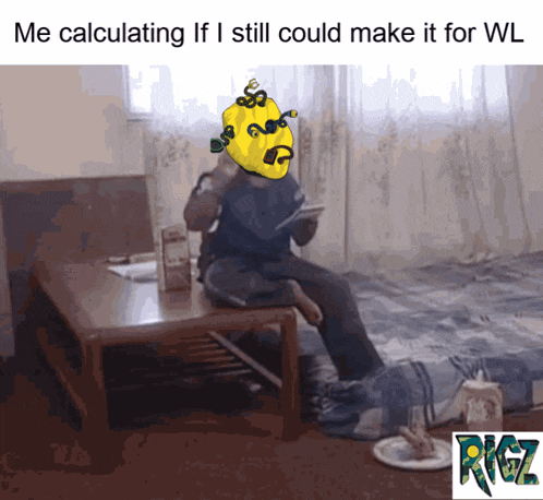 a picture of a person sitting at a table with the caption " me calculating if i still could make it "