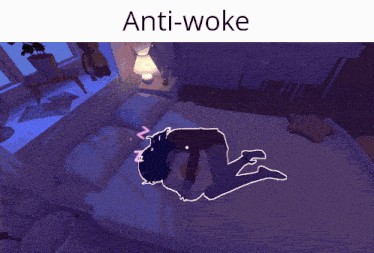 a drawing of a person sleeping with the words anti-woke above it