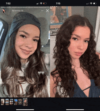 a phone screen shows a before and after picture of a woman