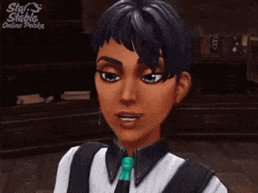 a cartoon character from star stable online polska is standing with her eyes closed