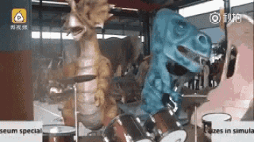 two dinosaurs playing drums in a room .