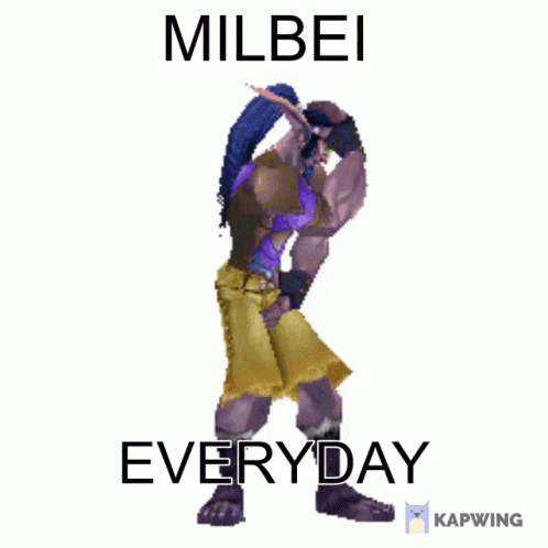 a video game character says milbei everyday on the bottom