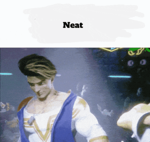 a picture of a man in a blue jacket with the word neat on the bottom