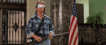 a man wearing 3d glasses holding a shotgun in front of an american flag