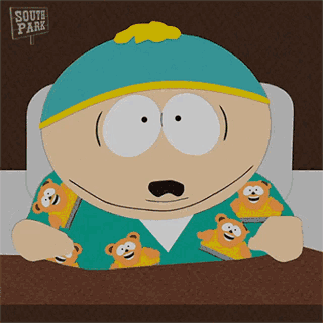a cartoon character from south park laying in bed