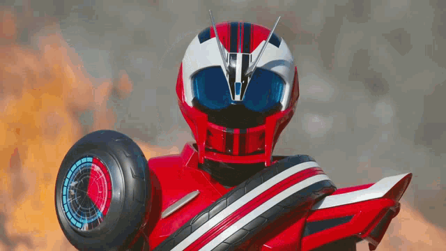 a robot with a helmet and a wheel on its back