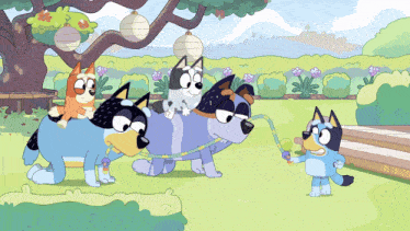 a group of cartoon dogs standing in a grassy field