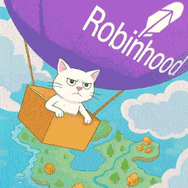 a cat is flying in a box with a robinhood hot air balloon behind it