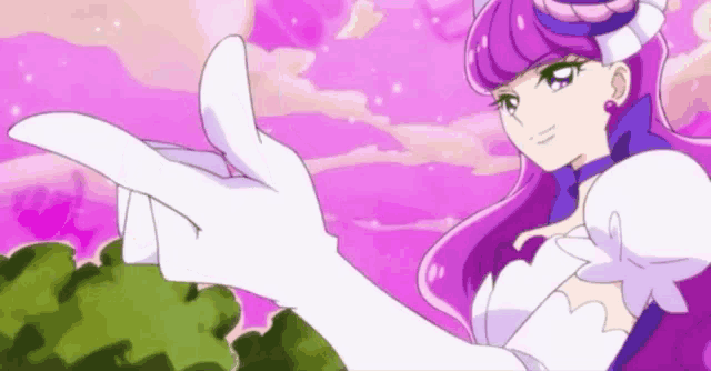 a girl with purple hair and a white glove is pointing at something in the air .