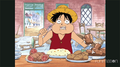 a cartoon of monkey d luffy is eating a plate of food from funimation