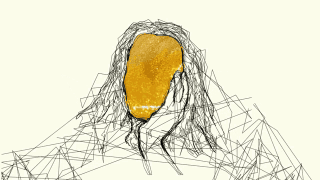 a drawing of a woman with long hair and a yellow object in the middle