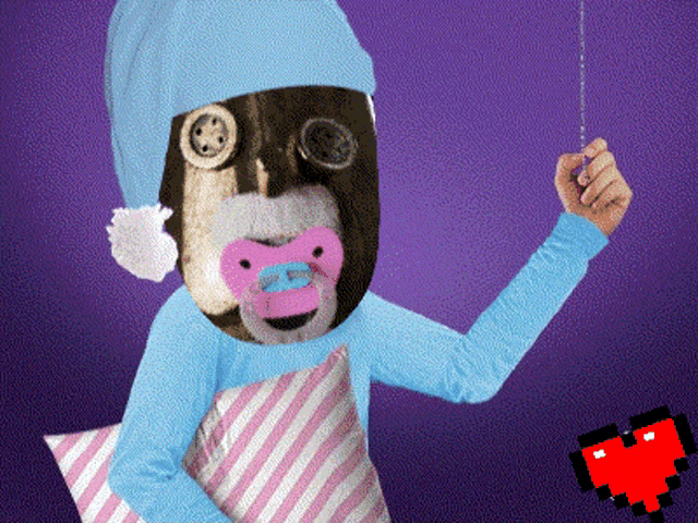 a person with a pacifier in their mouth is wearing a blue hat