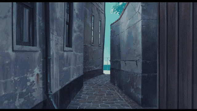 a little girl with a red bow on her head is standing in a narrow alleyway