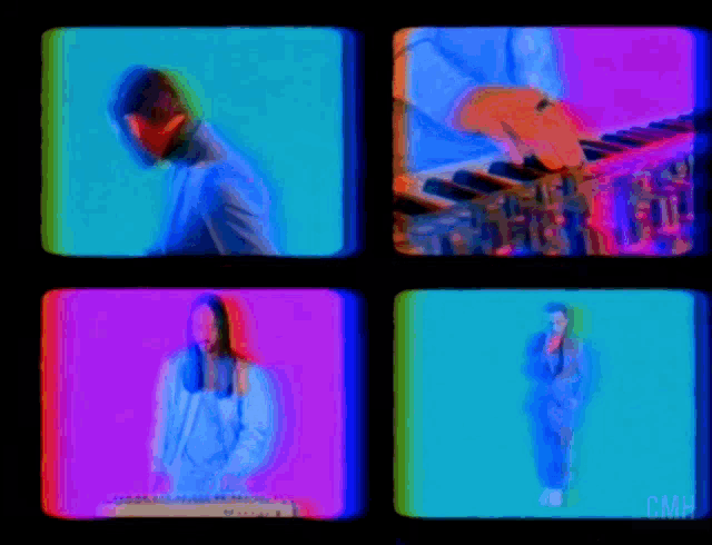 a man is playing a keyboard and a woman is singing in a microphone