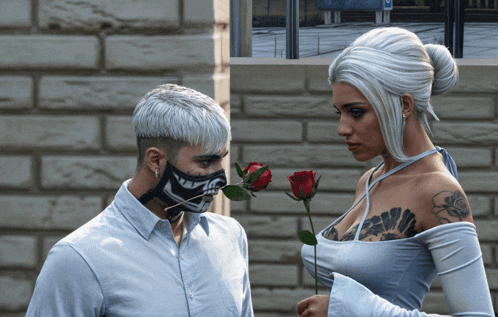 a man wearing a mask and a woman holding a rose are looking at each other