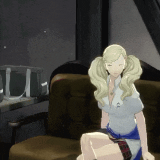 a girl with pigtails is sitting on a chair with her eyes closed