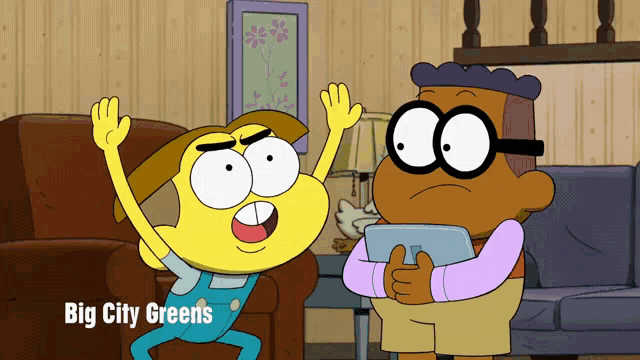 two cartoon characters are standing next to each other and the words big city greens are visible