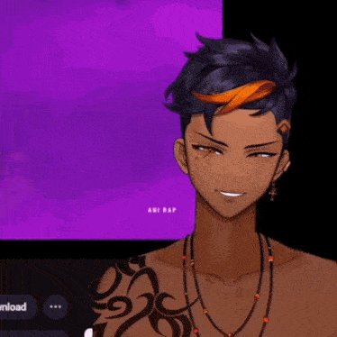 a man with a tattoo on his arm is smiling in front of a screen that says " download "