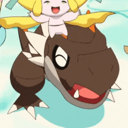 a cartoon character is riding on the back of a brown monster