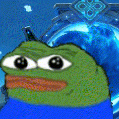 a green and blue cartoon character is standing in front of a large blue object .
