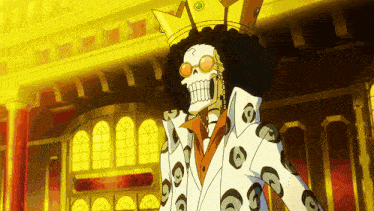 a skeleton wearing a crown and sunglasses is standing in front of a building