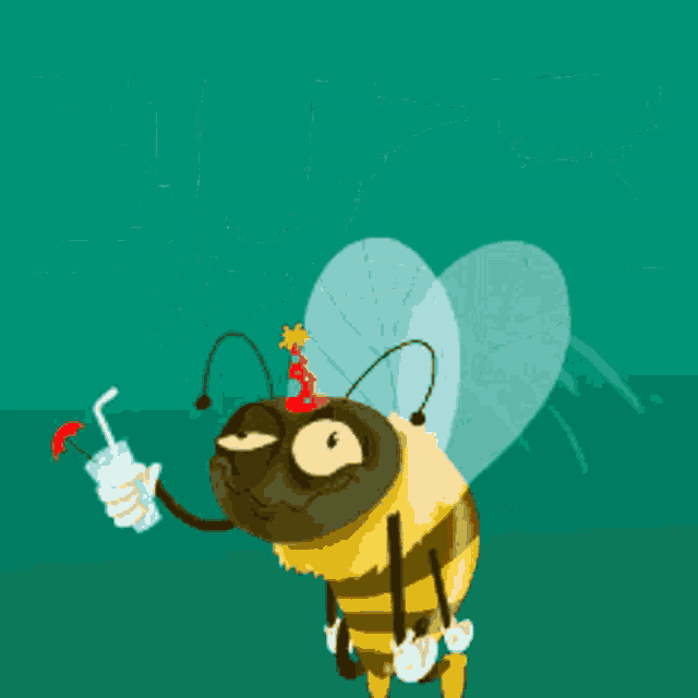 an illustration of a bee wearing a party hat and holding a drink