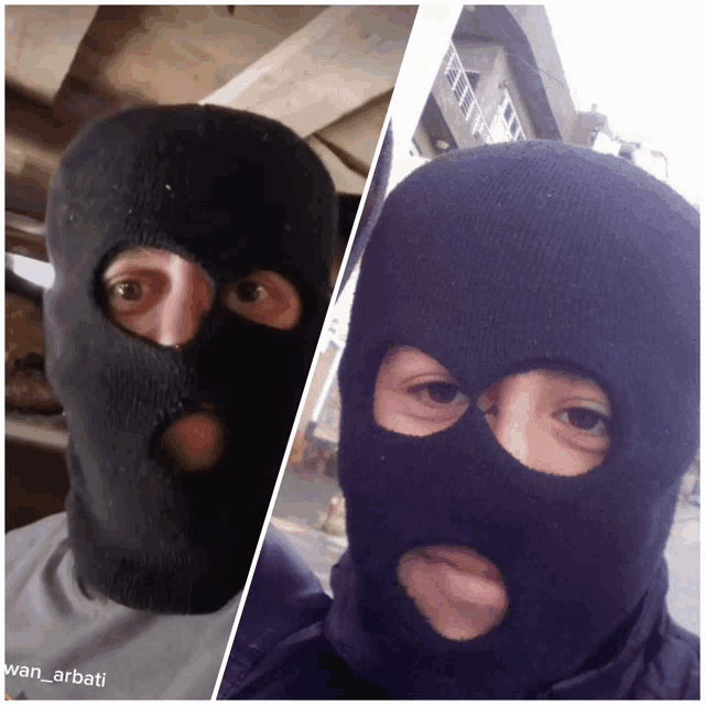 a man and a woman wearing ski masks with wan_arbati written on the bottom left