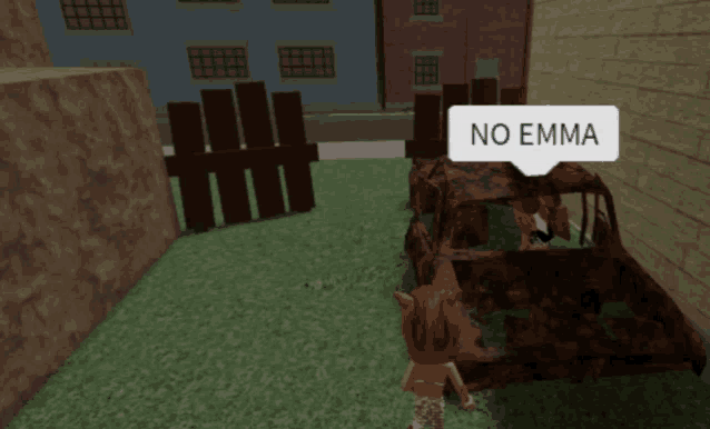 a girl in a video game with a speech bubble that says " no emma "