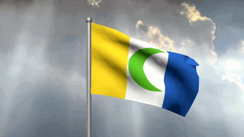 a yellow and blue flag with a green circle on it