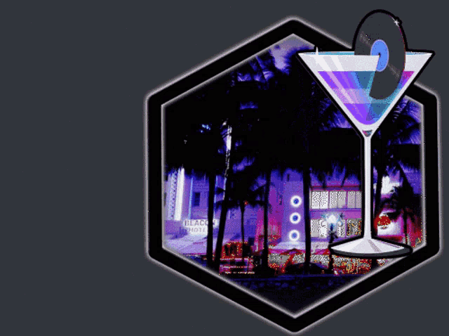 a martini glass with a cd in it in front of a building that says beacon hotel