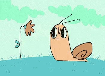 a cartoon drawing of a snail looking at a flower on a stick