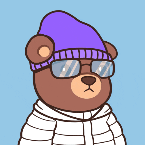 a bear wearing a purple hat and glasses