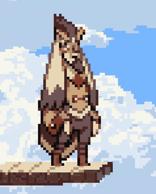 a pixel art drawing of a person standing on a rock