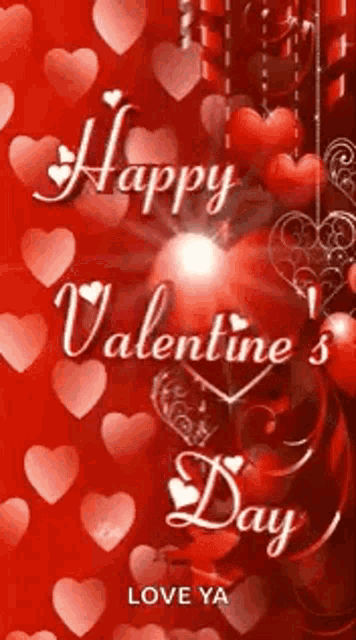 a happy valentine 's day greeting card with red hearts and a heart shaped candle .