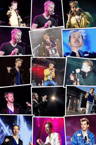 a collage of photos of a man singing into microphones