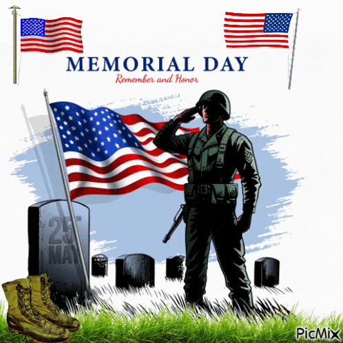 a memorial day poster with a soldier saluting in front of a flag