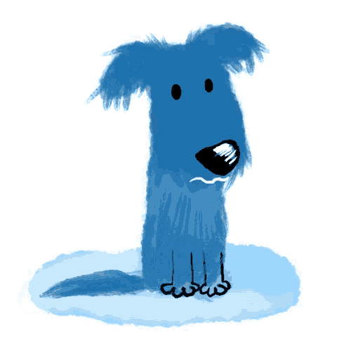 a cartoon drawing of a blue dog with a sad look on his face