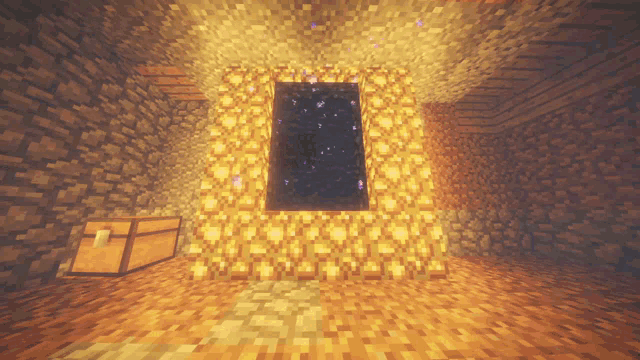 a treasure chest sits next to a portal in a minecraft video game