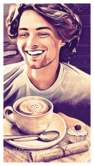 a painting of a smiling man with a cup of coffee on a saucer