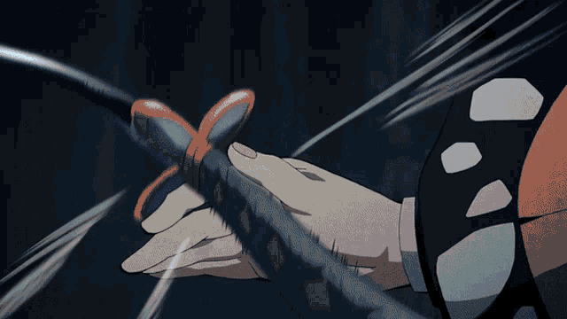 a person holding a sword with a butterfly on the handle