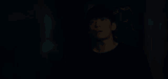 a man in a black shirt is standing in a dark room .