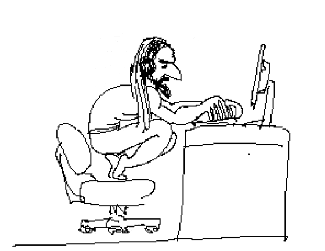 a black and white drawing of a person sitting in an office chair with their head on a desk .