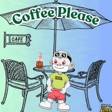 a cartoon of a monkey sitting at a table under an umbrella with the words coffee please on it