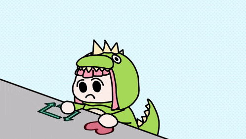 a cartoon of a girl in a dinosaur costume standing on a sidewalk